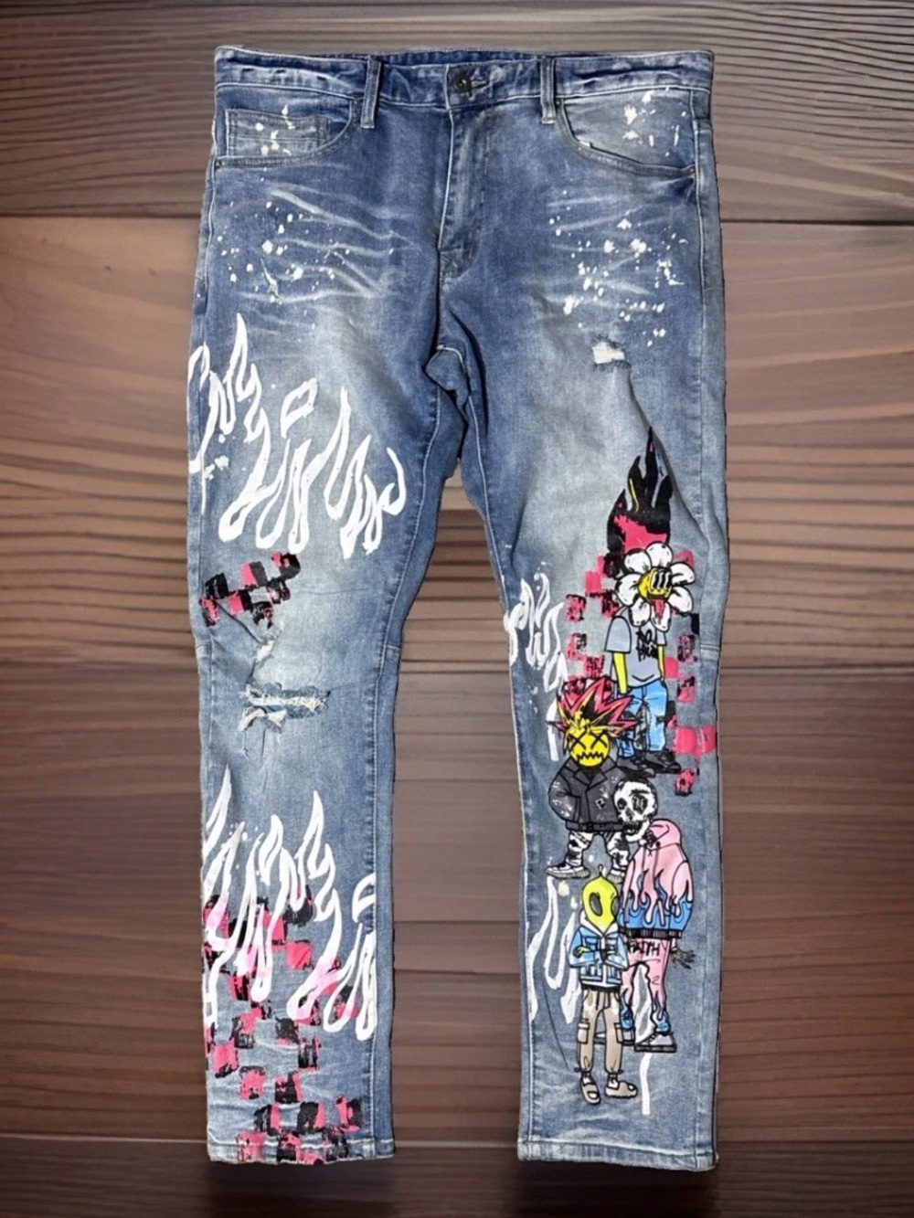 SMOKE RISE Men’s Jeans Zombie/ Alien Design Med Wash 36X32 Designer Streetwear